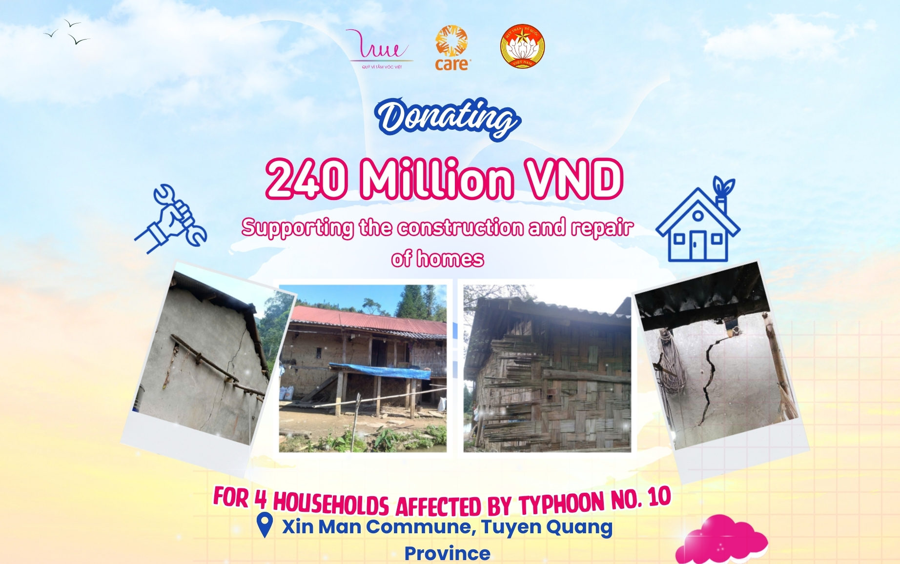 240 million VND donated to build 4 great unity houses for vulnerable households affected by storms and floods in Tuyen Quan